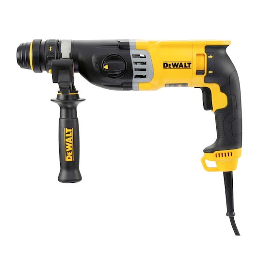 A DEWALT branded yellow and black rotary hammer drill with a side handle and a power cord, shown against a white background.