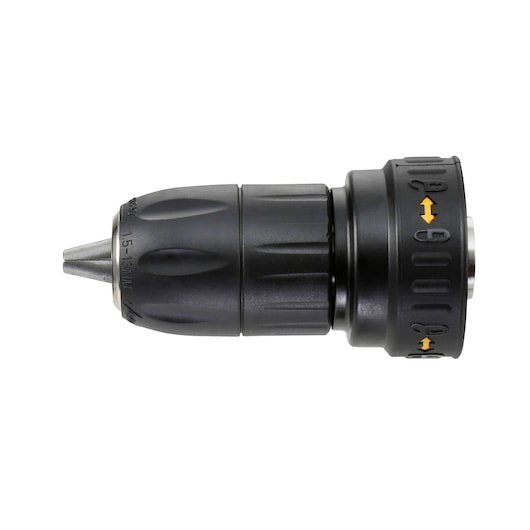 A close-up image of a DEWALT drill chuck attachment, featuring adjustment markings and arrows on a black, cylindrical component.