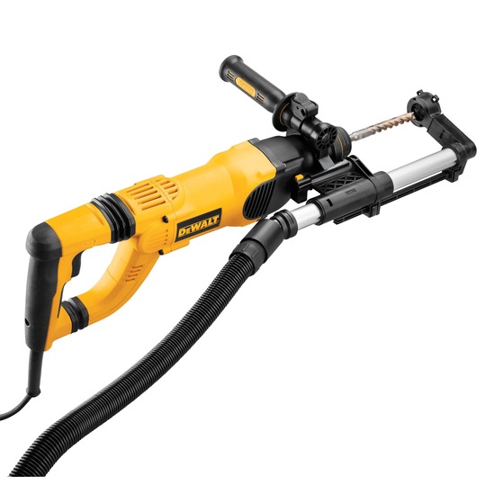 A DEWALT branded yellow and black power tool, specifically a dust extraction system attachment for a rotary hammer drill, featuring a side handle and hose connection.