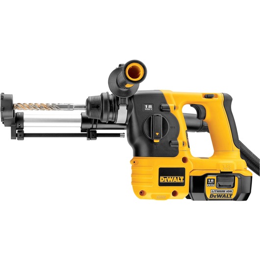 A DEWALT 18-volt cordless rotary hammer drill with a yellow and black body, featuring a lithium-ion battery and an attached dust extraction system.