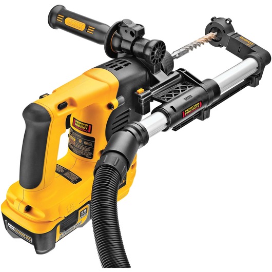 A yellow and black DEWALT power tool, featuring a rotary hammer drill with an attached dust extraction system and a Perform & Protect label. The tool has a flexible hose and ergonomic handle.
