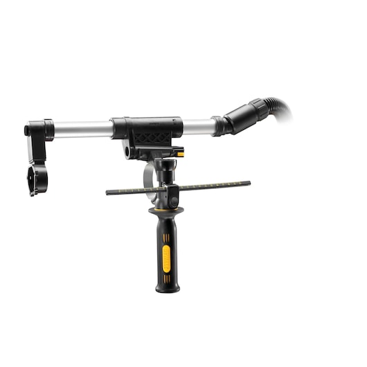 DEWALT dust extraction attachment for power tools, featuring a black and silver handle, adjustable measuring rod, and hose connector.