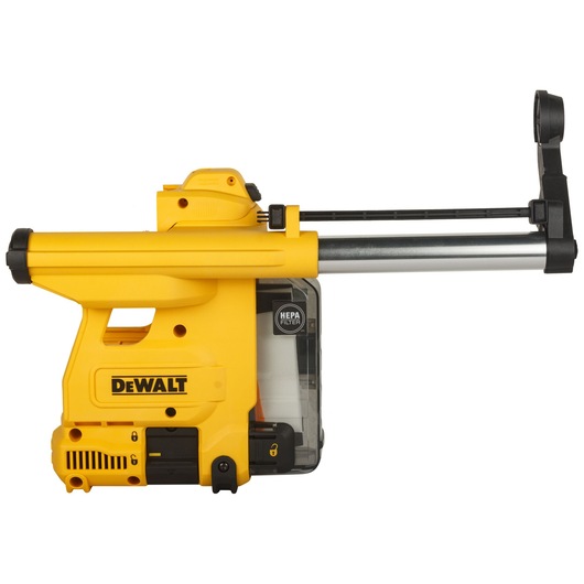 A yellow DEWALT dust extraction attachment, model D25304DH, designed for use with power tools. The device includes a HEPA filter and mounting arm for secure attachment.