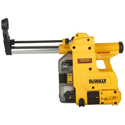 A DEWALT D25304DH yellow and black dust extraction attachment designed for use with rotary hammers, featuring a HEPA filter and Perform & Protect labeling.