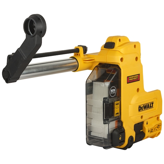 A DEWALT D25304DH dust extraction attachment for a rotary hammer, shown in yellow and black with a transparent section for the HEPA filter.