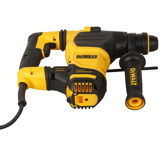 A yellow and black DEWALT corded rotary hammer drill with side handle and visible branding.