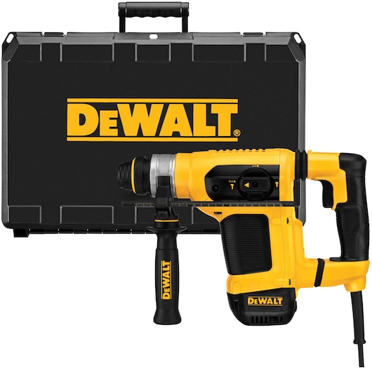 A yellow and black DEWALT power drill with a handle, displayed in front of a black carrying case with the DEWALT logo.