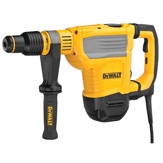 A DEWALT yellow and black corded rotary hammer drill with side handle, shown against a white background.