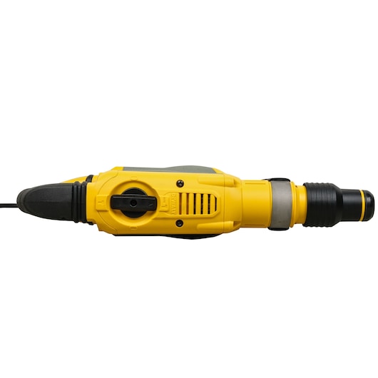 A top view of a yellow and black DEWALT power tool, specifically a rotary hammer drill, shown against a white background.