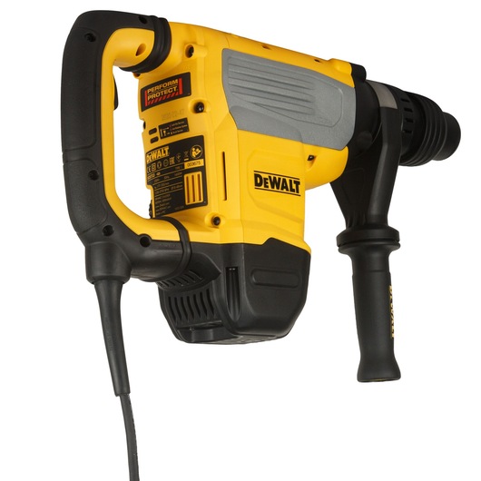 A DEWALT corded rotary hammer drill, model D25733K, featuring a yellow and black body with ergonomic handles, used for heavy-duty drilling applications.
