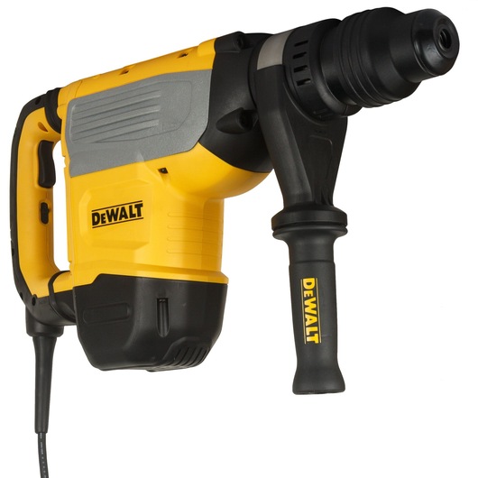 A close-up view of a DEWALT electric rotary hammer drill, featuring a yellow and black handle and body with a side auxiliary handle.