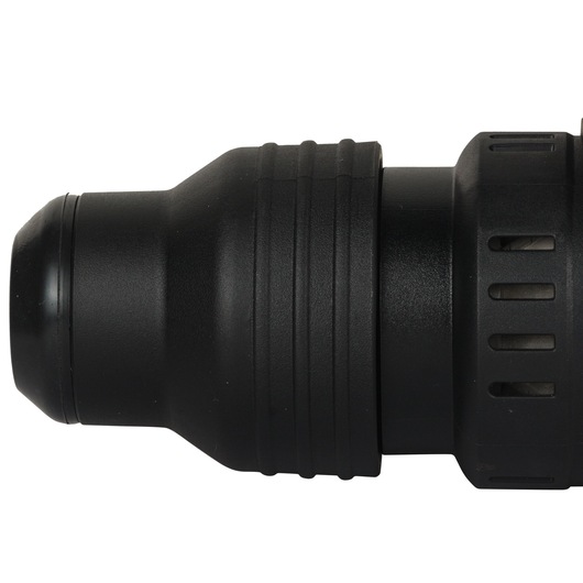 Close-up view of the black chuck component of a DEWALT power tool, showing textured ridges and ventilation slots.