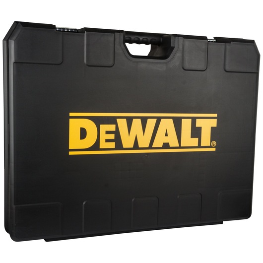 A black hard plastic carrying case with a yellow DEWALT logo on the front, designed for safely transporting tools or equipment.