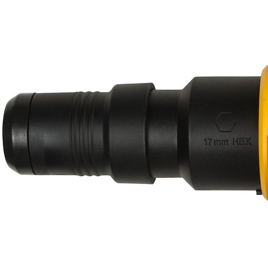 Close-up image of a DEWALT tool part, showing the black cylindrical section marked with '17 mm HEX' and a hexagonal symbol, attached to a yellow-colored housing.