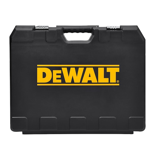 A black hard plastic carrying case with yellow DEWALT branding on the front, featuring a handle on top and metal latches.
