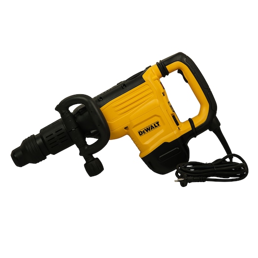 A yellow and black DEWALT electric demolition hammer with a handle and power cord, photographed on a white background.