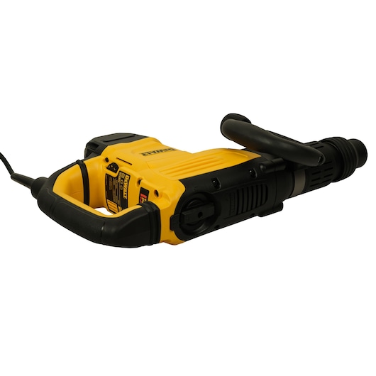 A yellow and black DEWALT electric demolition hammer with a side handle, shown against a white background.