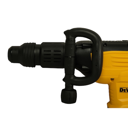 Close-up of the front part of a DEWALT industrial power tool with a black handle and a yellow body, showing detailed features and grip.
