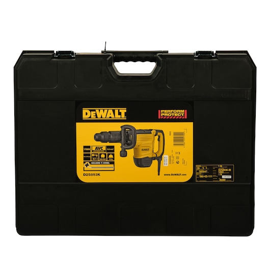 A black carrying case for a DEWALT power tool, featuring a yellow product label with information and an image of the D25893K demolition hammer.