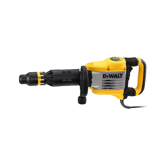 A DEWALT electric demolition hammer with a yellow and black body, side handle, and power cord, shown against a white background.