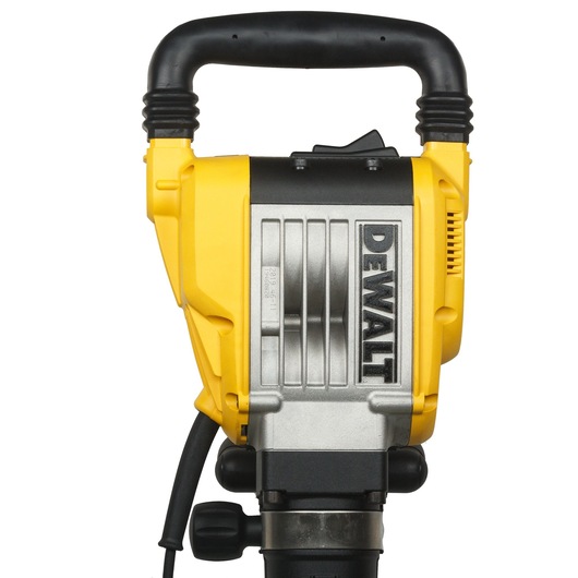 Front view of a DEWALT electric demolition hammer, model D25961K, featuring a sturdy handle and yellow and silver housing.