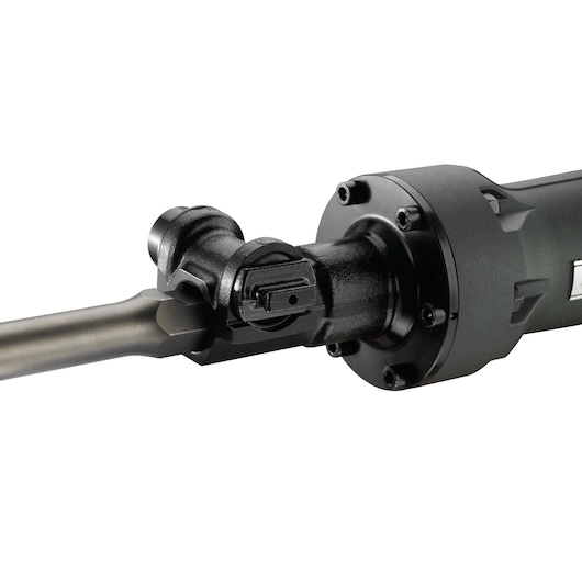 Close-up view of the attachment mechanism and metal shaft of a DEWALT demolition hammer against a white background.