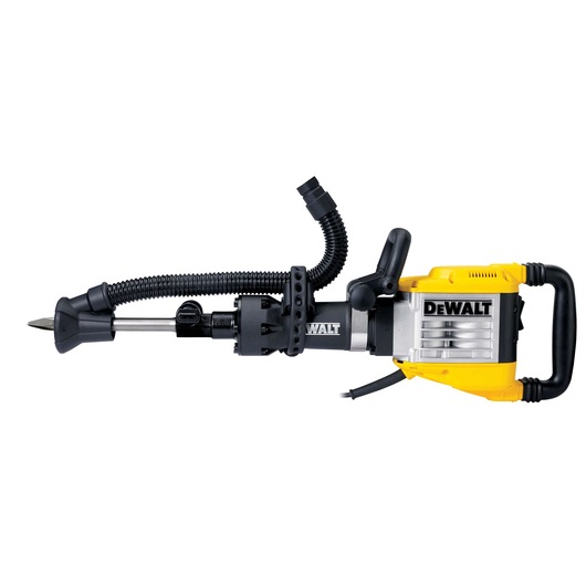 DEWALT heavy-duty demolition hammer with vacuum attachment, featuring a yellow and silver body and black handles.