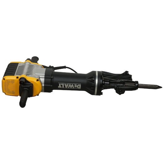 A DEWALT electric demolition hammer, featuring a yellow and black body, two side handles, and a pointed chisel bit attached.