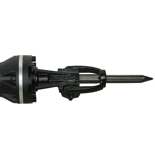Close-up view of the front end of a DEWALT demolition hammer, showing the pointed chisel bit attachment.
