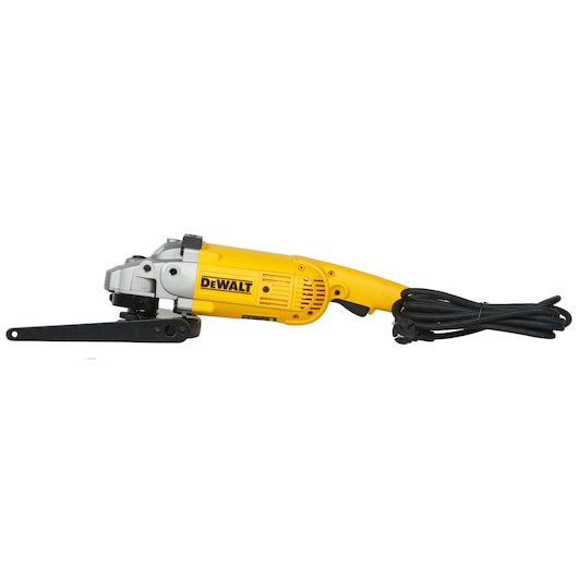 A yellow and black electric power tool with a long cord, identified as a DEWALT brand. The tool is a handheld belt sander, shown from the side against a white background.