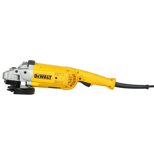 Photo of DEWALT D28413 yellow angle grinder, side view, with black cord and side guard on white background.