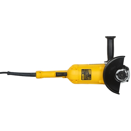 Photo of DEWALT D28413 yellow angle grinder, side view, with black side handle and guard, corded electric tool.