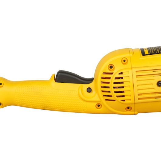 Photo of DEWALT D28413 yellow power tool handle, close-up right side with textured grip and vent.