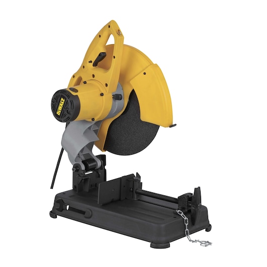 A DEWALT branded yellow and black metal cut-off saw with a handle, guard, and base, designed for cutting metal materials.