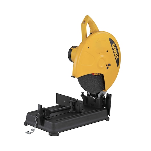 A yellow and black DEWALT metal cutting saw, model D28720, shown on a white background. The saw has a large circular blade, a handle for manual operation, and is mounted on a sturdy black base with a chain for securing materials.