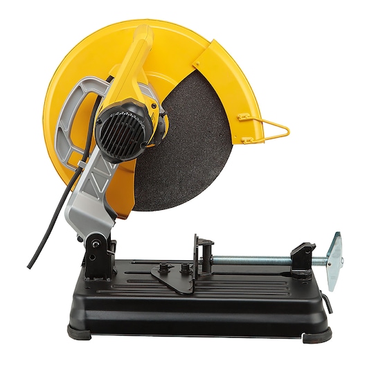 A DEWALT D28730 yellow and black metal cutting chop saw with a circular blade and base, used for cutting metal materials.
