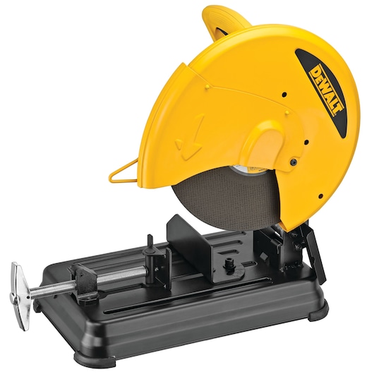 A DEWALT metal cutting chop saw with a yellow blade guard and a black base, featuring a vise for securing materials.
