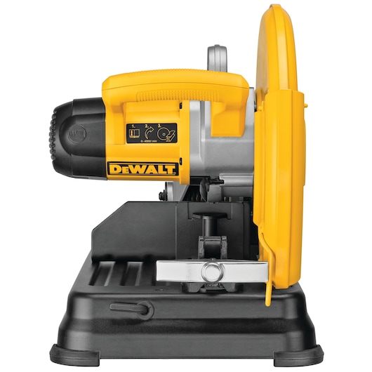 A DEWALT D28730 chop saw with a yellow and black design, shown in a side view on a white background. The saw features a sturdy base and safety guard over the cutting blade.
