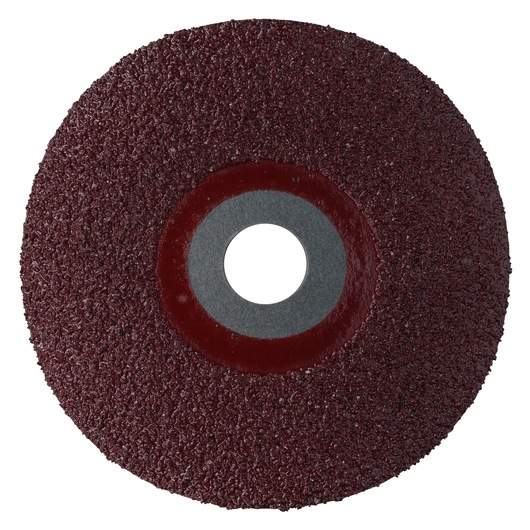 A close-up image of a circular, abrasive grinding disc with a rough, textured surface and a central hole, designed for use with power tools.