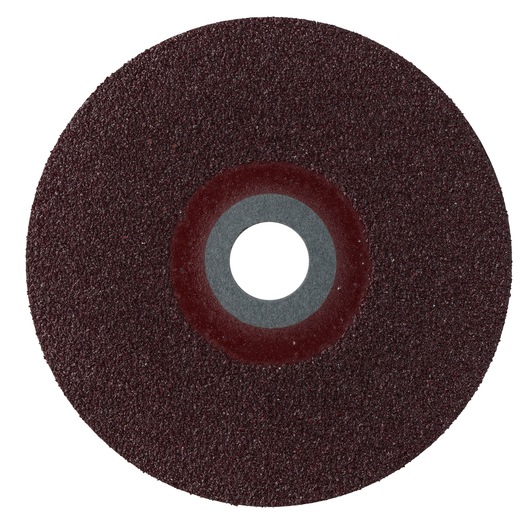 A close-up image of a round, dark brown abrasive grinding wheel with a central hole.