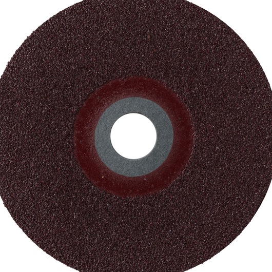 Close-up of a circular, dark reddish-brown abrasive grinding disc with a central hole, viewed from above, on a white background.