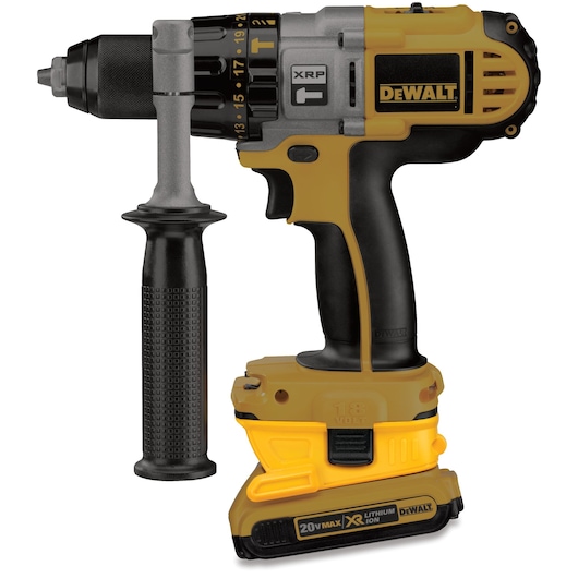 A yellow and black cordless DEWALT power drill with a side handle, labeled as 20V Max XR Lithium Ion. The drill is shown from the side, highlighting the grip and battery compartment.