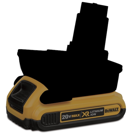 DEWALT DCA1820 battery adapter shown with a yellow and black design, labeled for 20V MAX XR lithium-ion batteries, against a white background.