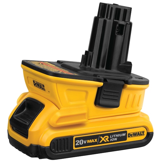 A DEWALT DCA1820 battery adapter for power tools, shown in yellow and black, designed to convert 20V MAX XR lithium ion batteries for use with older DEWALT tools.