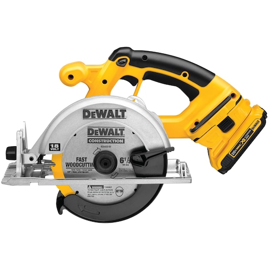 A DEWALT cordless circular saw with a yellow and black handle, featuring a silver blade guard and visible battery pack. The saw is labeled for construction and fast woodcutting.