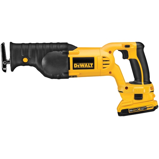 A DEWALT cordless reciprocating saw with a yellow and black body, featuring ergonomic grips and a 20V lithium-ion battery.