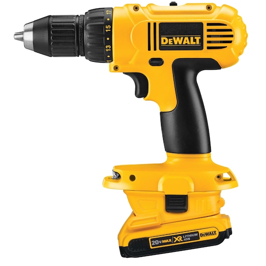A yellow and black cordless drill by DEWALT with a 20V Max XR lithium ion battery. The drill features an ergonomic handle and adjustable torque settings, suitable for various construction and DIY tasks.