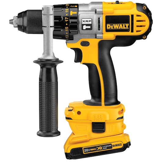 A yellow and black cordless drill with a side handle, branded DEWALT, featuring a lithium-ion battery and adjustable settings on the chuck.