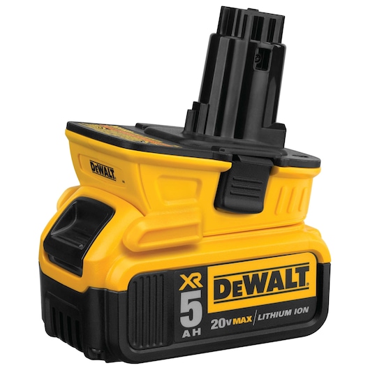 A yellow and black DEWALT battery adapter for power tools, with model number DCA1820, showing branding and specifications including 'XR', '5 AH', '20V MAX', and 'Lithium Ion'.