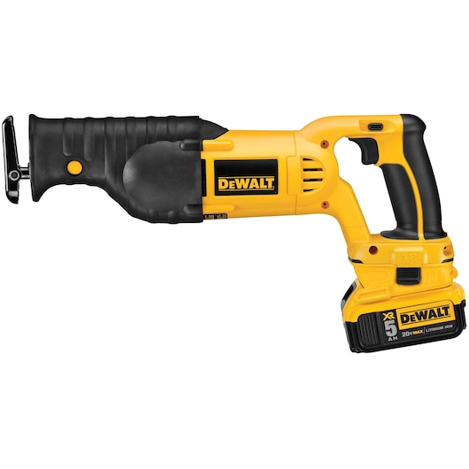 A yellow and black DEWALT cordless reciprocating saw with a lithium-ion battery attached.